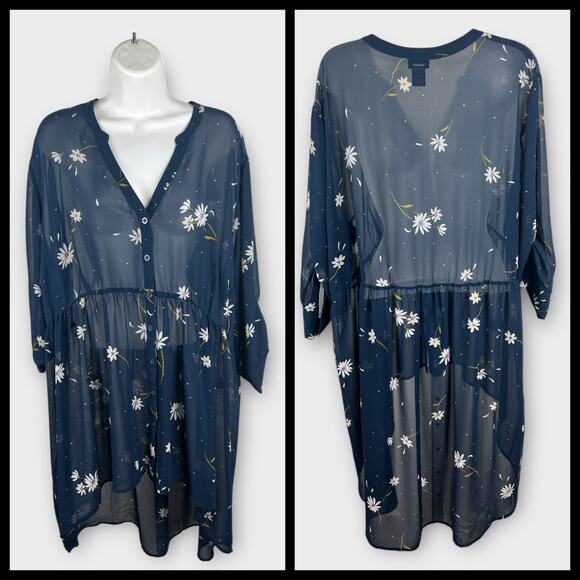 Torrid Size 2 2X 18/20 Blue Chiffon White Daisy Floral Hi-Low 3/4 Sleeve Blouse - Picture 2 of 9